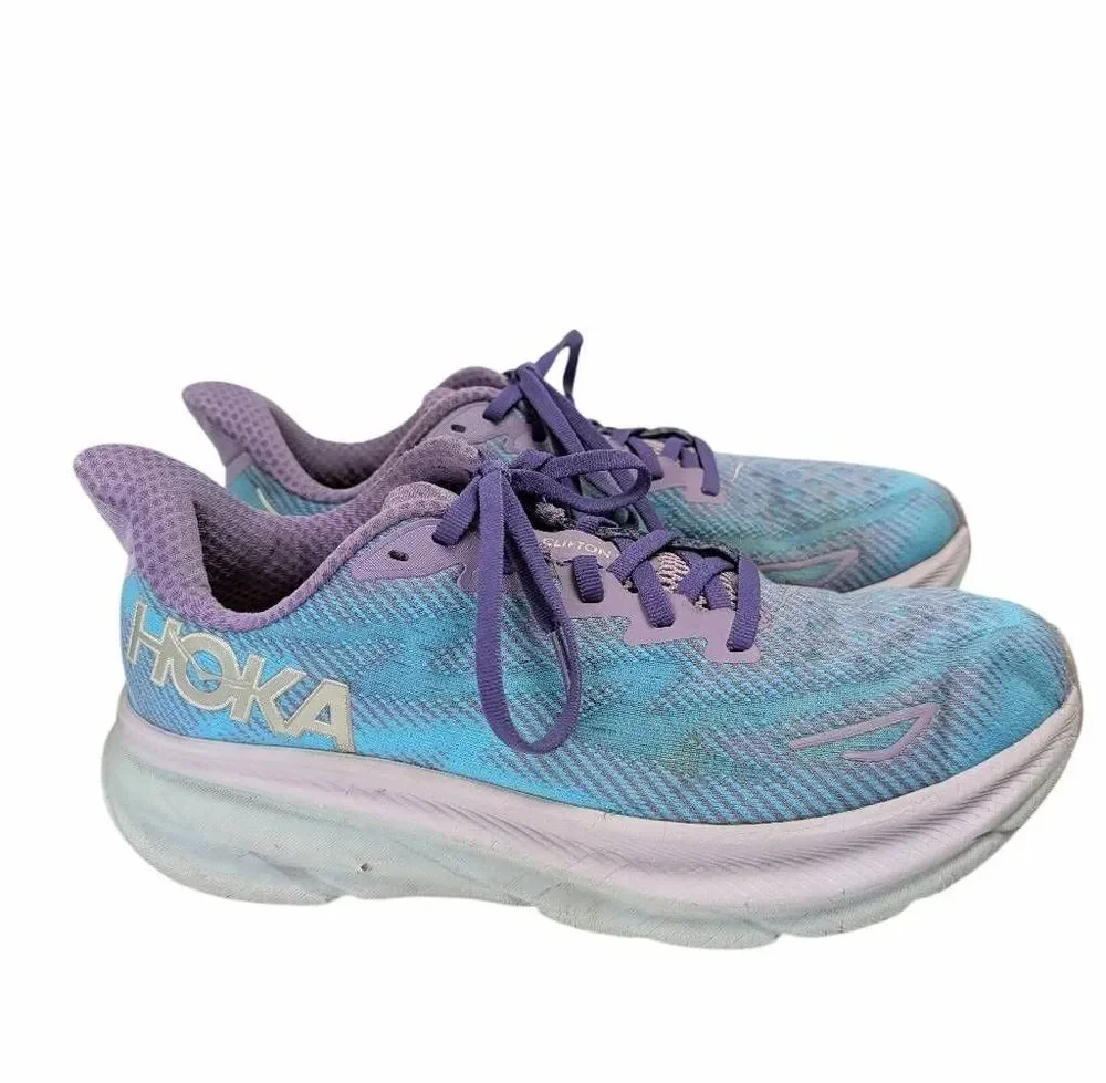 Hoka Clifton 9 Purple & Blue athletic active running shoes womens 8.5